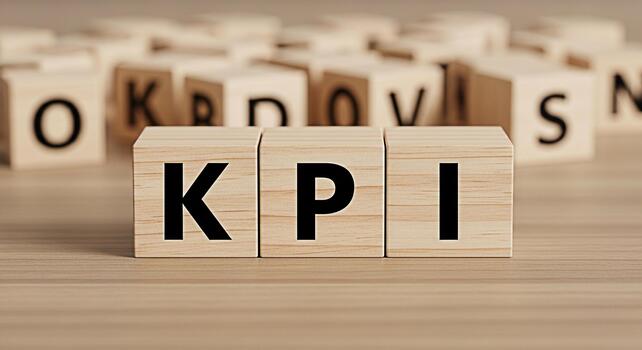 Wooden blocks displaying KPI on a wooden surface surrounded by other lettered blocks representing key performance indicators in a business setting symbolizing strategic goals and achievement photo