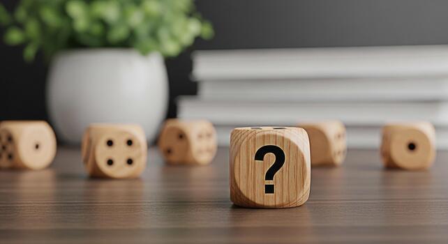 Wooden dice displaying a question mark on a wooden table in a bright room representing uncertainty decisionmaking and the exploration of possibilities in life and business photo