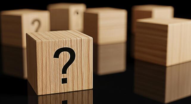 Wooden blocks displaying a question mark symbol on a reflective surface creating a sense of uncertainty and mystery in a minimalist studio setting symbolizing problemsolving and decisionmaking photo