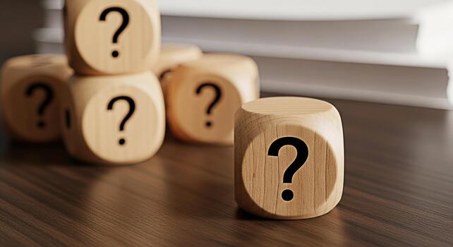 Wooden dice displaying question marks on a dark wooden table representing uncertainty and the need for answers in a challenging situation creating a mood of curiosity and inquiry photo