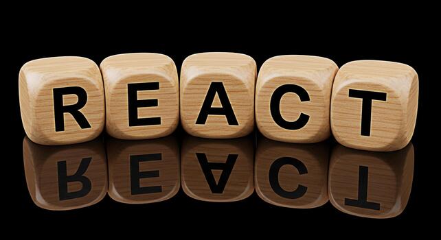 Wooden blocks spelling REACT in a dark studio environment symbolizing a modern JavaScript library for building user interfaces reflecting innovation and technological advancement photo