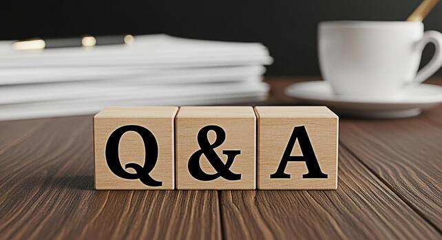 Wooden blocks displaying Q A on a wooden desk with a cup of coffee and documents representing a business meeting discussion or problemsolving session in a professional and collaborative environment photo