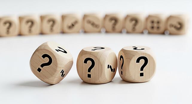 Wooden dice displaying question marks on a white surface symbolizing uncertainty and the need for answers in a complex and challenging environment creating a mood of inquiry and exploration photo