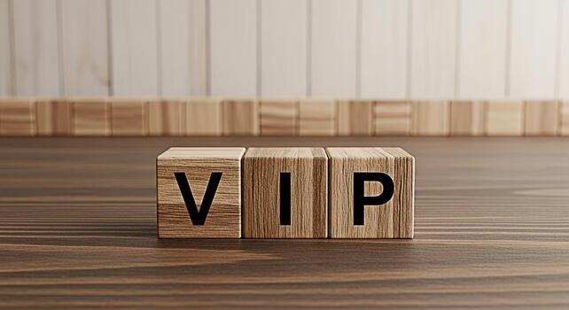 Wooden blocks spelling VIP on a wooden surface against a wood panel background representing exclusivity and premium access creating a sense of importance and privilege in a sophisticated setting photo