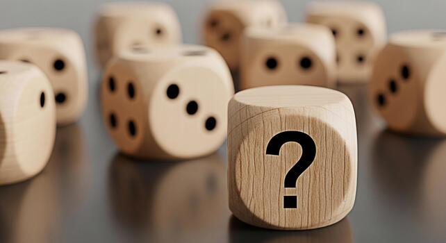 Wooden dice displaying a question mark symbol surrounded by other dice on a reflective surface representing uncertainty risk and the challenge of making decisions in business and life photo
