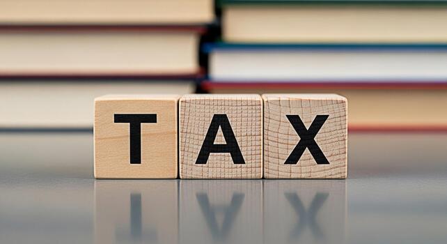 Wooden blocks spelling TAX on a reflective surface symbolizing financial responsibility and fiscal planning in an educational setting with books in the background conveying a serious and important mes photo