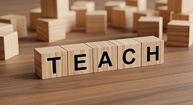 Wooden blocks spelling TEACH on a wooden surface surrounded by other blocks symbolizing education and the importance of learning in a classroom or educational setting conveying a message of knowledge photo