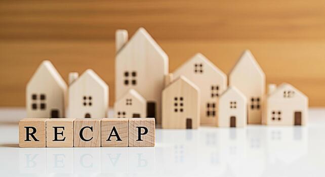 Wooden blocks spelling Recap displayed in front of miniature wooden houses on a reflective surface symbolizing a real estate market overview and financial summary creating a sense of review and reflec photo