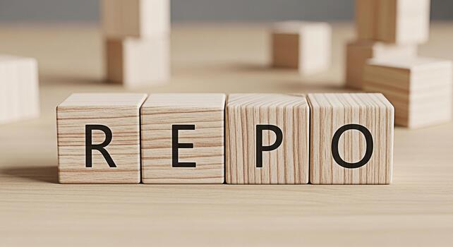 Wooden blocks spelling REPO on a wooden surface representing repurchase agreements and financial transactions in a neutral and minimalist setting conveying concepts of finance and investment photo