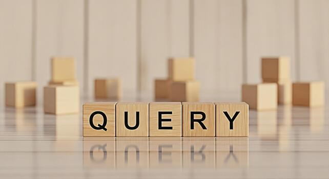 Wooden blocks spelling QUERY on a reflective surface surrounded by other blocks symbolizing search information retrieval and the importance of asking questions in a bright minimalist setting photo