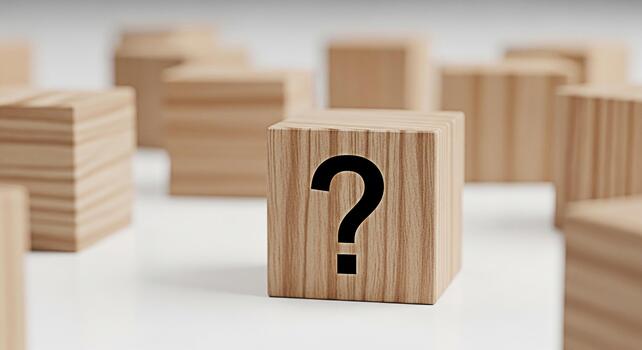 Wooden block displaying a question mark symbol on a white surface surrounded by other blocks representing uncertainty confusion and the search for answers in a minimalist setting photo