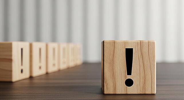 Wooden blocks displaying exclamation points on a dark wooden table symbolizing urgency and attention to detail in a professional and organized environment conveying a sense of importance and focus photo