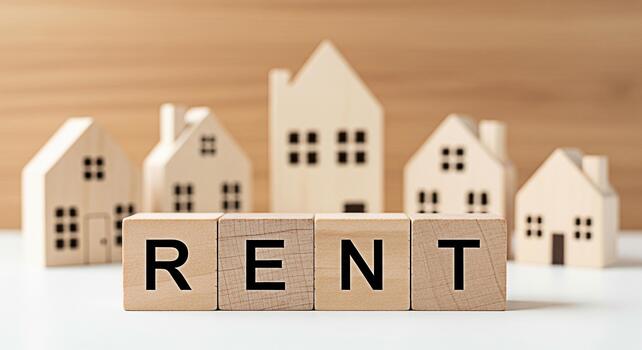Wooden blocks spelling RENT in front of miniature house models on a white surface symbolizing property rental and real estate opportunities in a clean modern setting conveying a sense of home and inve photo