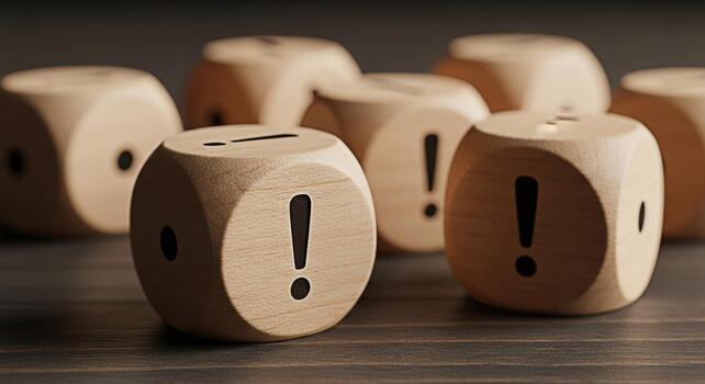Wooden dice displaying exclamation points on a dark wooden surface symbolizing risk warning and the importance of attention to detail in business decisions and problemsolving scenarios photo