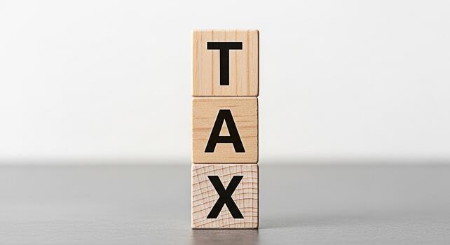 Stacked wooden blocks spelling TAX on a gray surface representing financial obligations and fiscal responsibility in a minimalist setting symbolizing the burden and importance of taxation photo