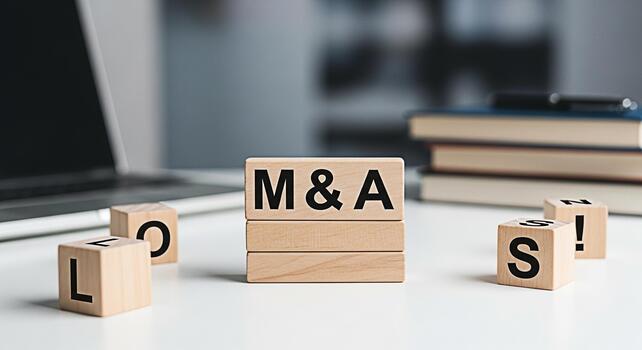 Wooden blocks spelling MA on a white desk in a modern office symbolizing mergers and acquisitions business strategy and financial growth with laptop and books in the background creating a professional photo
