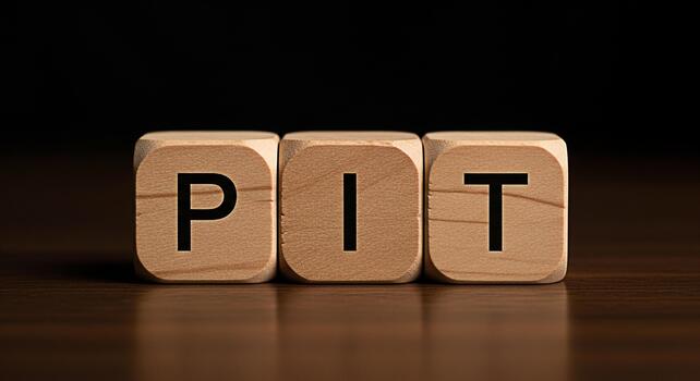 Wooden blocks spelling PIT on a dark wooden surface representing a challenging situation or a low point evoking feelings of despair and the need for recovery and resilience in a business context photo