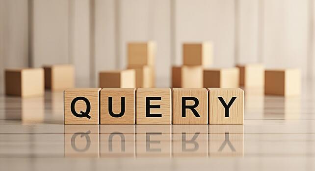 Wooden blocks spelling QUERY on a reflective surface in a bright studio symbolizing information retrieval and search engine optimization for business and marketing strategies photo