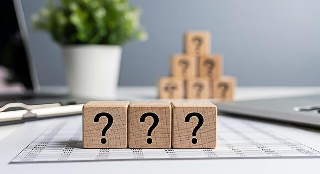 Wooden blocks displaying question marks sitting on a financial report in a bright office symbolizing uncertainty and the need for answers in business decisionmaking and strategic planning photo