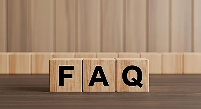 Wooden blocks displaying FAQ on a dark wooden table symbolizing frequently asked questions in a simple and clear manner creating a helpful and informative atmosphere for online support and customer se photo