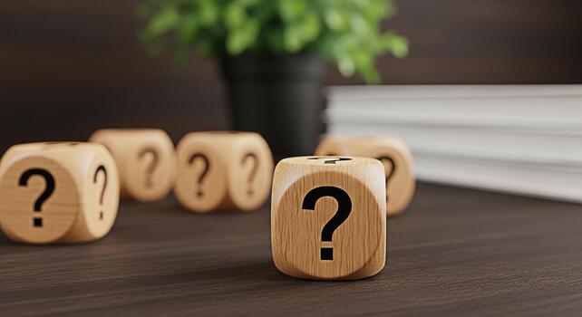 Wooden dice displaying question marks on a dark wooden table in a bright room representing uncertainty confusion and the search for answers in business and personal life creating a sense of mystery an photo