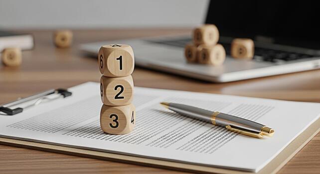 de madera número bloques apilado en un portapapeles con un bolígrafo en un moderno oficina ajuste simbolizando planificación estrategia y el importancia de ajuste prioridades para lograr negocio éxito y financiero gramo foto