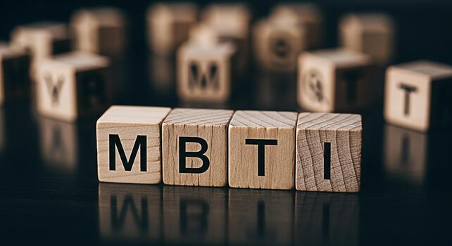 Wooden blocks spelling MBTI on a dark reflective surface representing personality assessment and psychological types in a business setting conveying a sense of analysis and understanding photo
