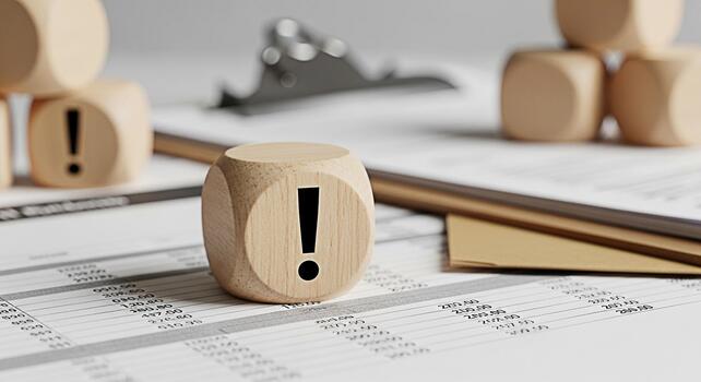 Wooden dice displaying an exclamation point on financial reports emphasizing critical data and potential risks in a business setting creating a sense of urgency and attention to detail photo