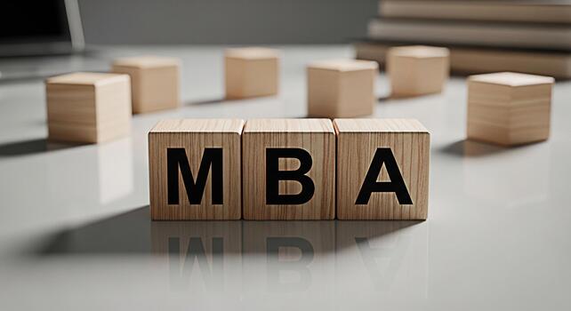 Wooden blocks spelling MBA on a reflective surface symbolizing business education and career advancement set against a blurred background of books and a laptop creating a sophisticated and aspirationa photo