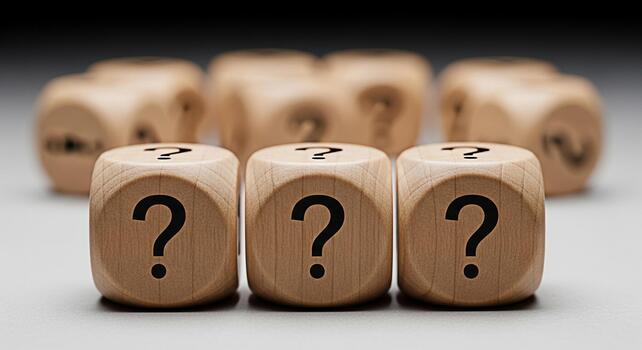 Wooden dice displaying question marks on a neutral surface representing uncertainty and the need for problemsolving in business and life creating a sense of mystery and intrigue photo