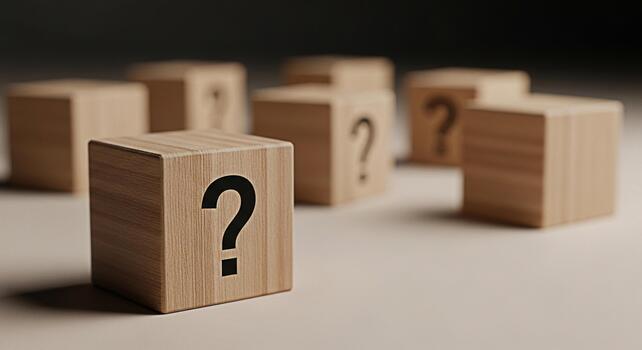 de madera bloques mostrando pregunta marcas en un neutral superficie representando incertidumbre y el necesitar para respuestas creando un misterioso y invitando a la reflexión atmósfera foto