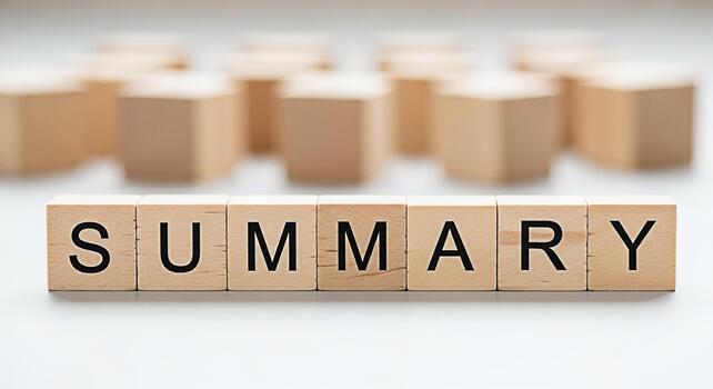 Wooden blocks spelling SUMMARY on a white surface representing a concise overview and key points conveying clarity and efficiency in a clean minimalist setting for business and educational purposes photo