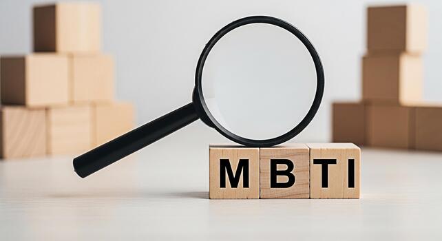 Magnifying glass focusing on wooden blocks spelling MBTI on a clean surface representing personality assessment and psychological testing conveying a sense of analysis and selfdiscovery in a minimalis photo