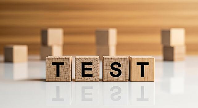 Wooden blocks spelling TEST on a reflective surface in a studio setting representing examination evaluation and the importance of assessment in learning and development with a neutral and focused mood photo