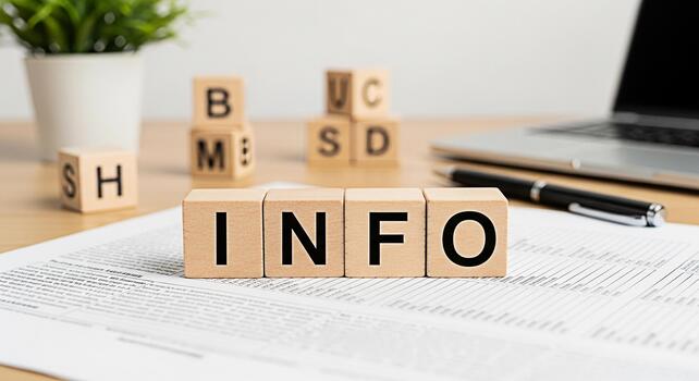 Wooden blocks spelling INFO on a desk with a laptop and pen conveying a message of information and knowledge in a professional office environment suggesting clarity and accessibility of data photo
