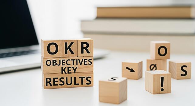 Wooden blocks displaying OKR Objectives Key Results on a white desk with a laptop and books symbolizing business strategy and goal setting in a modern office environment fostering a sense of focus and photo