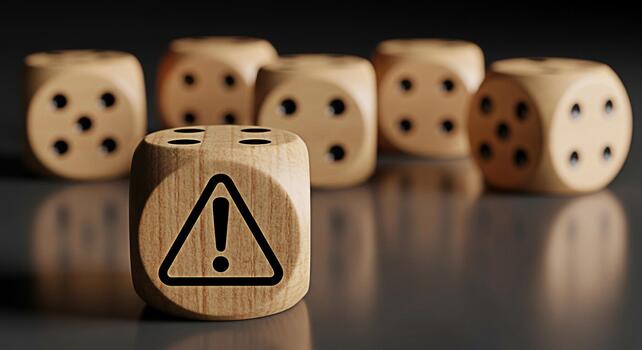 Warning dice standing out among regular dice on a reflective surface symbolizing risk assessment decision making and the importance of caution in games of chance and strategic planning photo