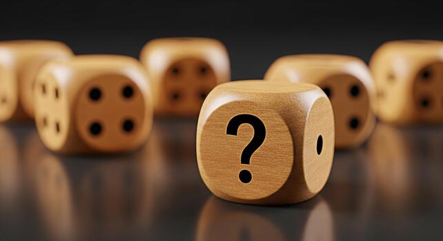 Wooden dice displaying a question mark on a reflective surface surrounded by other dice creating a sense of uncertainty and decisionmaking in a studio setting ideal for business concepts photo