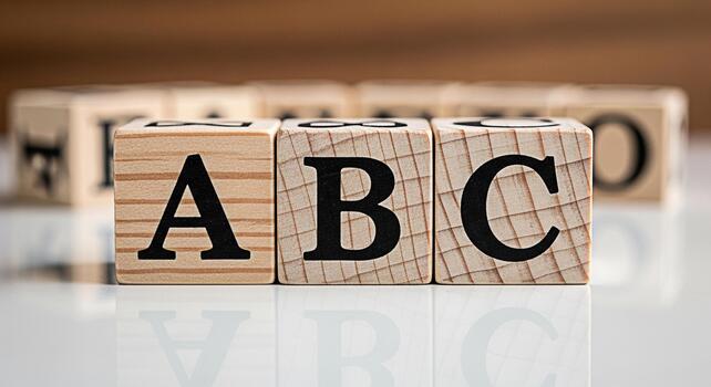 Wooden alphabet blocks spelling ABC on a reflective surface representing early childhood education and learning the basics in a bright and playful environment fostering curiosity and development photo