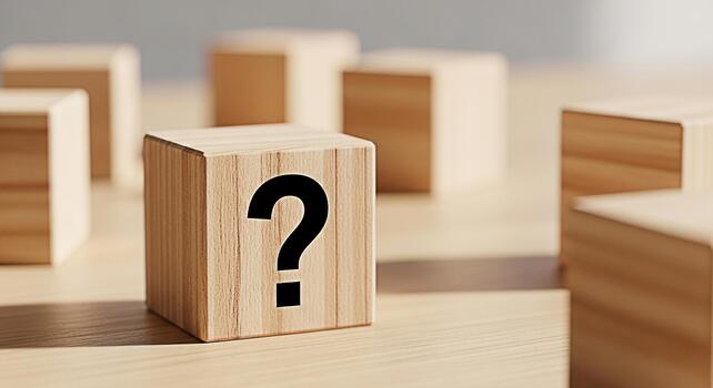 Wooden block displaying a question mark on a wooden table surrounded by other blocks representing uncertainty and the search for answers in a minimalist and contemplative setting photo