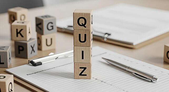 Quiz concept Wooden blocks spelling QUIZ on a desk with a pen and paper representing a test or challenge in an educational or business setting evoking a sense of learning and assessment photo