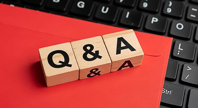 Wooden blocks spelling QA resting on a red envelope and a black computer keyboard representing questions and answers knowledge sharing and information exchange in a modern setting photo