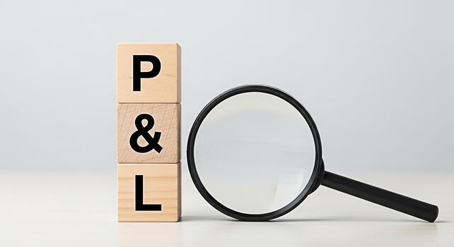 Magnifying glass analyzing wooden blocks with PL letters on a bright desk representing profit and loss statement review in a financial analysis and business strategy context conveying a sense of scrut photo