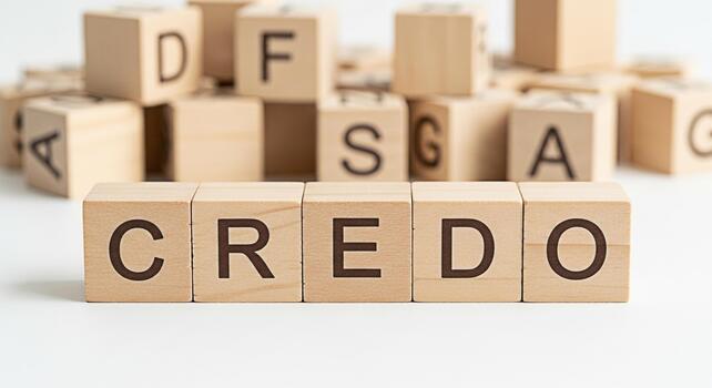Wooden blocks spelling CREDO on a white surface surrounded by other letter blocks symbolizing belief and principles in a clean minimalist setting conveying a sense of conviction and values photo