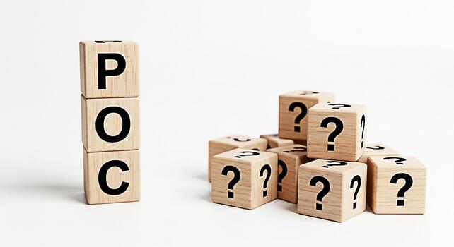 Wooden blocks spelling POC standing tall amidst question mark blocks on a white background representing proof of concept and uncertainty in business strategy creating a sense of challenge and innovati photo