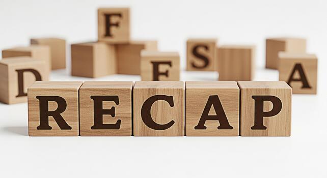 Wooden blocks spelling RECAP on a white surface surrounded by other lettered blocks symbolizing a summary or review in a clean and minimalist setting conveying a sense of clarity and reflection photo