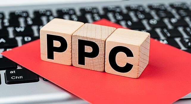 Wooden blocks spelling PPC resting on a red card over a laptop keyboard symbolizing pay per click advertising and online marketing strategies for business growth in a digital environment photo