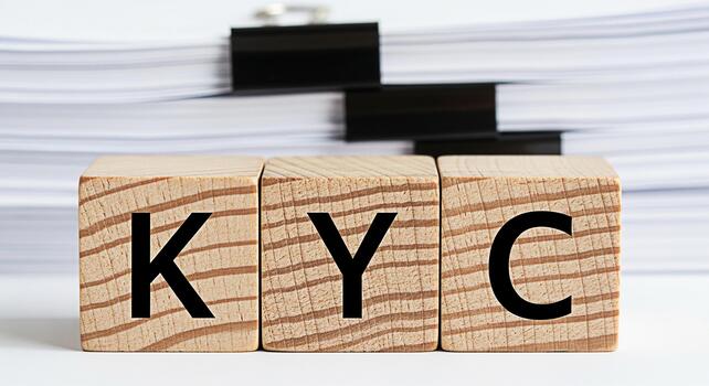 Wooden blocks spelling KYC in a bright office setting representing the concept of regulatory compliance and identity verification for financial institutions and customer due diligence processes photo