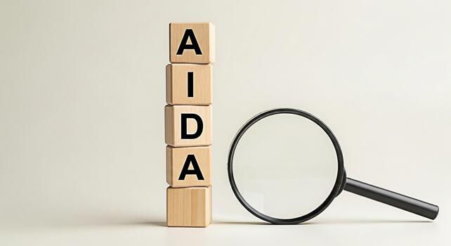 de madera bloques mostrando aida siguiente a un aumentador vaso en un neutral antecedentes representando el aida modelo en márketing y publicidad enfatizando atención interesar deseo y acción para negocio foto