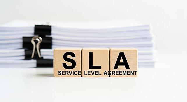 Wooden blocks spelling SLA Service Level Agreement on a white surface with a stack of documents in the background representing business commitment and clear communication in a professional setting photo